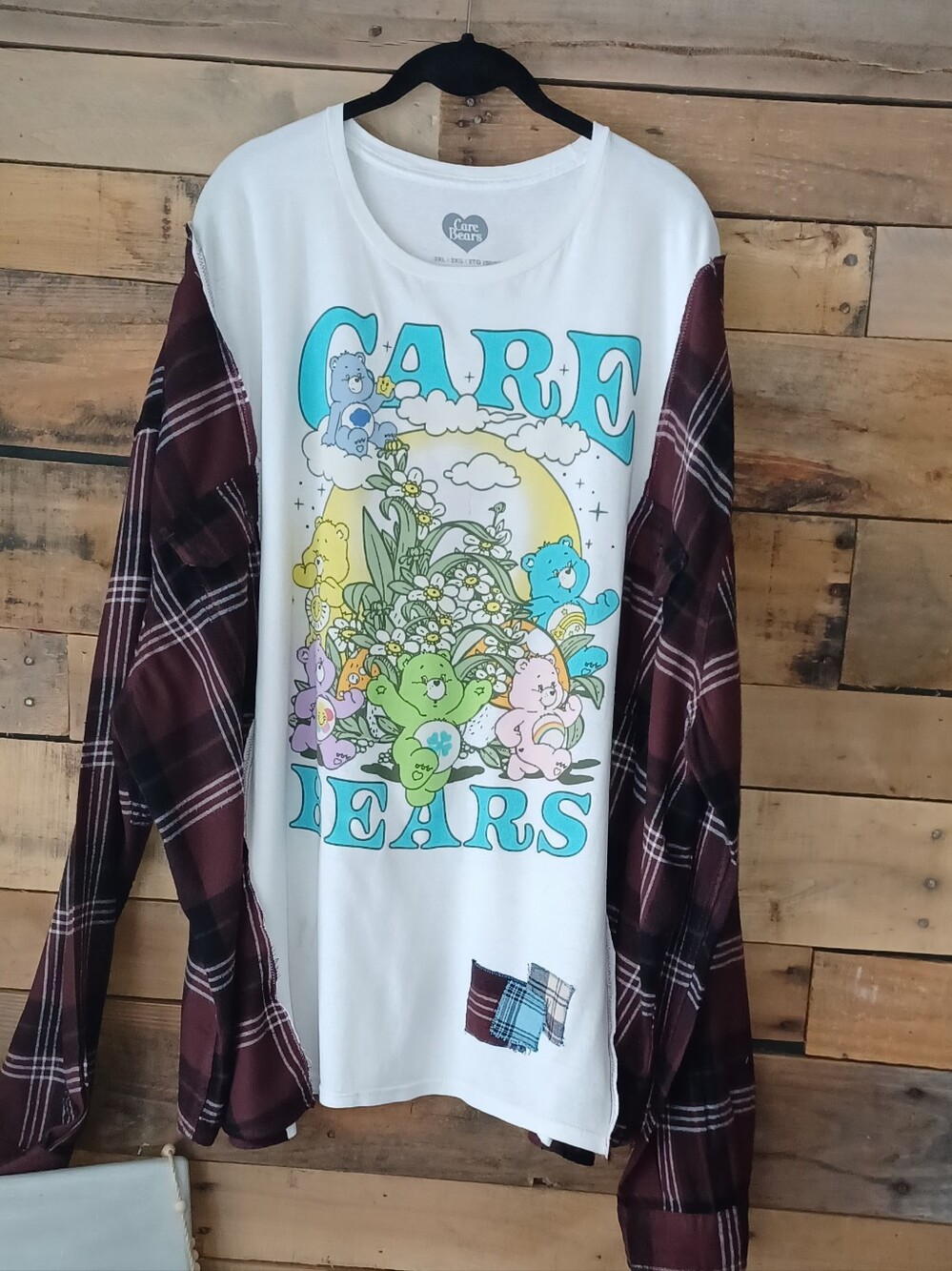 Upcycled Care Bears White Graphic Tee with Maroon Plaid Sleeves Top